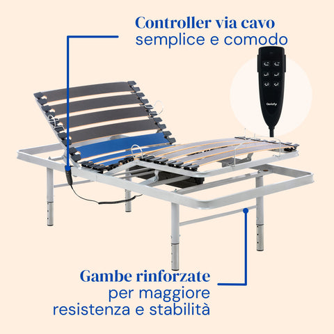 Letto ortopedico elettrico con gambe regolabili, materasso Visco Tencel e sponde letto - 80x200 cm