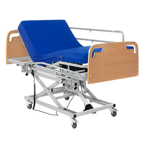 Cama articulada hospitalaria de carro elevador con barandillas, colchón sanitario y cabecero-piecero